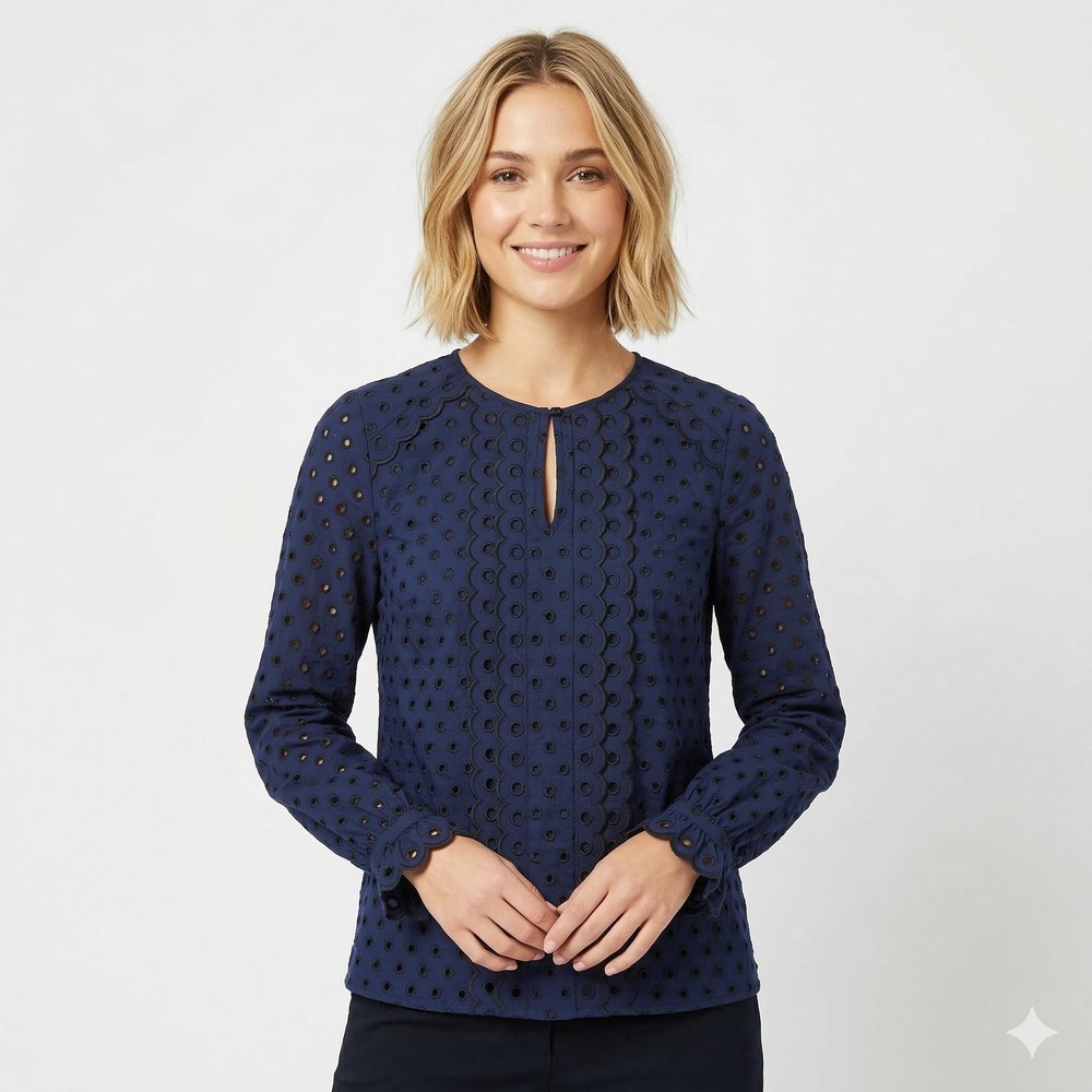 Boden‎ Women's Size 4 Navy Blue Eyelet Embroidered Bohemian Scalloped Blouse Top